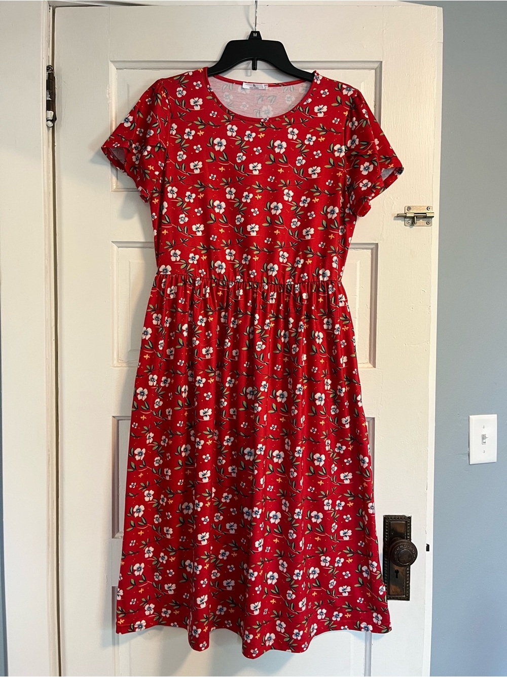 Red Floral Short Sleeve Midi Dress